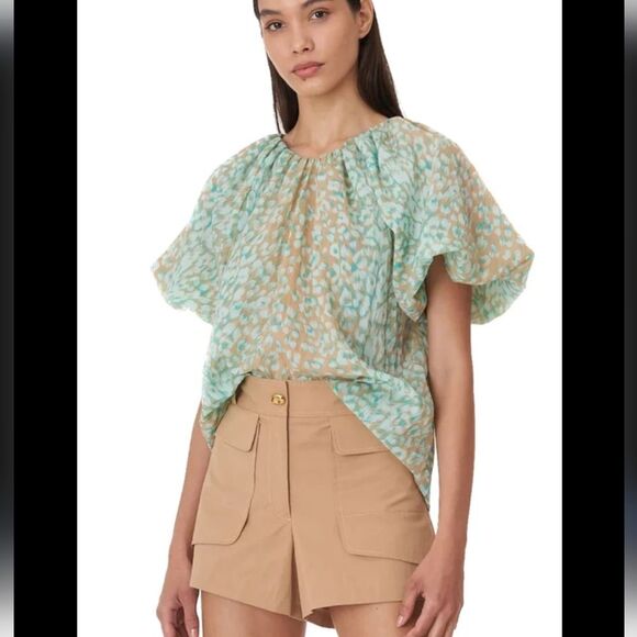 Tanya Taylor Jordan Top Blouse Short Sleeve Green Tan Women's Size Large - Picture 2 of 15